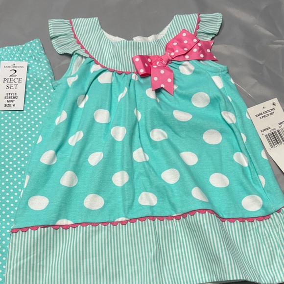 Rare Editions Aqua Polka Dot top with Pink Accents and pants to match 2 pcs set - Picture 1 of 8